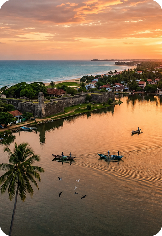 Historic coastal fortress, serene lagoon at golden sunset, and traditional fishing boats in Sri Lanka
